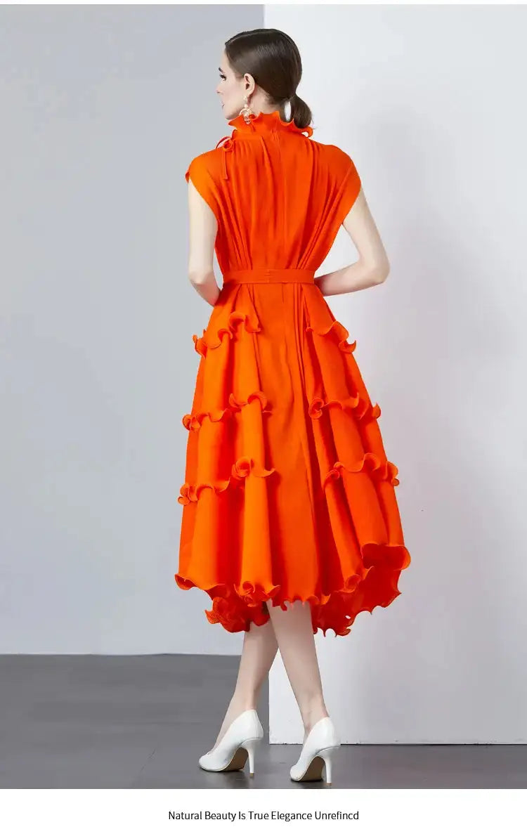 Miyake Pleated Shoulder Bag Heavy Industry Wood Ear Edge Pleated Lace-up Belt Long Dress Stand Collar Plus Size Women's Clothing - Lootquake