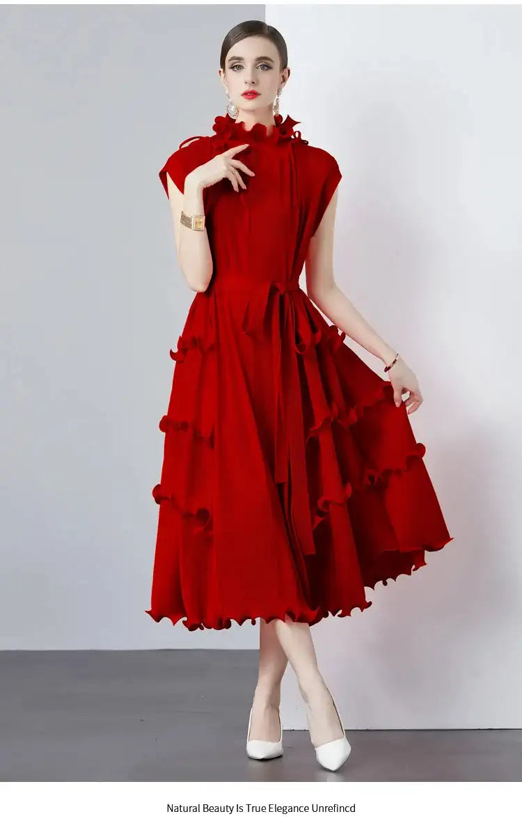 Miyake Pleated Shoulder Bag Heavy Industry Wood Ear Edge Pleated Lace-up Belt Long Dress Stand Collar Plus Size Women's Clothing - Lootquake