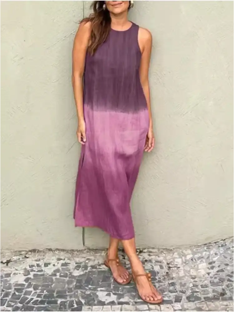Fashion Vest Long Dress Women Summer Sleeveless o Neck Dress Summer Gradient Casual Dresses - Lootquake