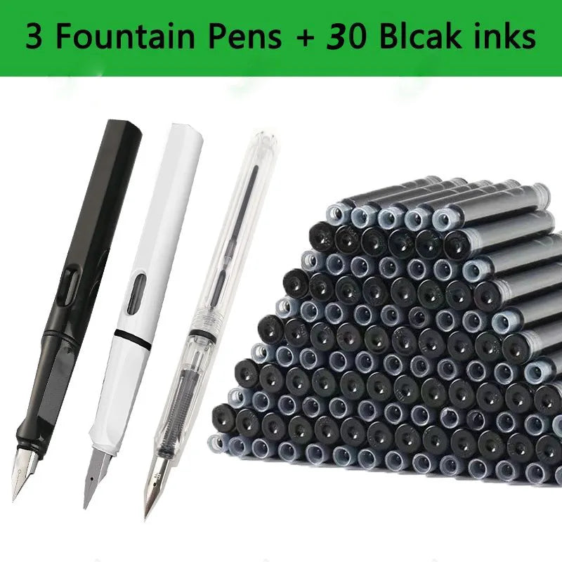 Juego de 33 plumas estilográficas Kawaii con tinta reemplazable, tinta negra, azul y roja EF de 0,38 mm, bolígrafos escolares, material de oficina, papelería para escribir.