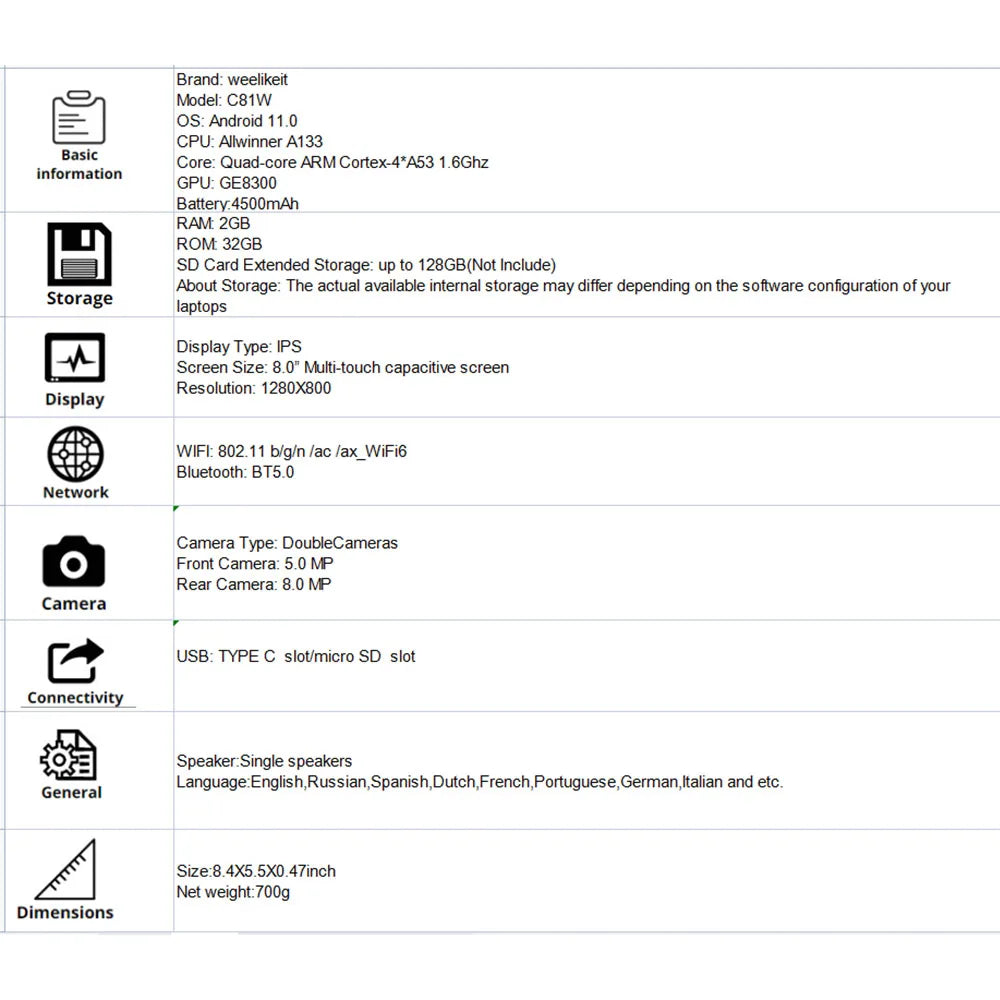 Tablette enfant Weelikeit 8 pouces Android 11 1280x800 IPS 2 Go 32 Go Quad Core 4500 mAh Wi-Fi avec support