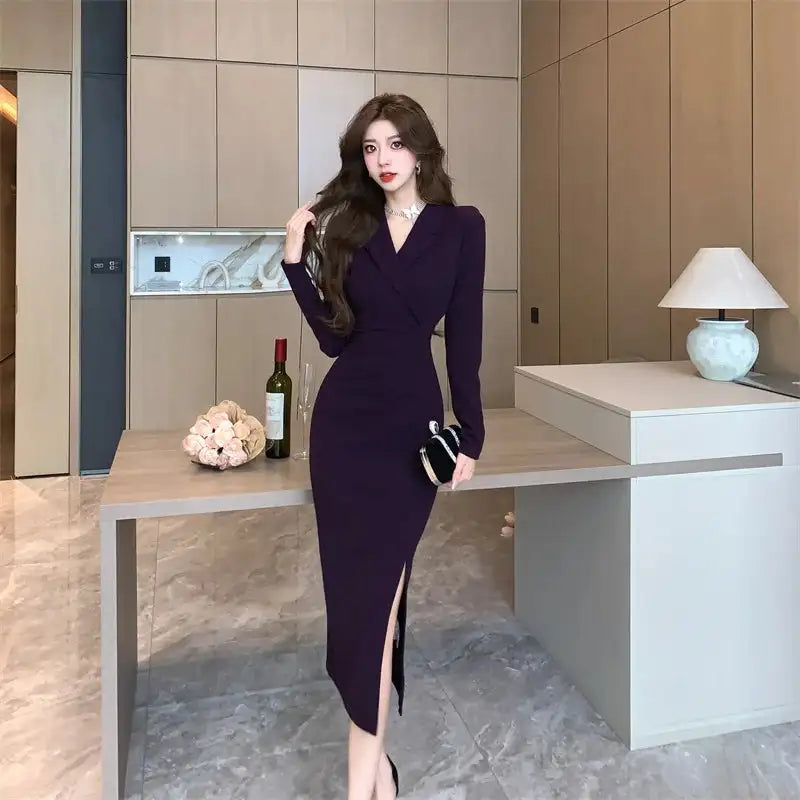 Women Pink Pleated Bodycon Formal Long Dress Autumn Winter Long Sleeve Chic Suit Dress 2025 Korean Fashion Elegant Party Dresses