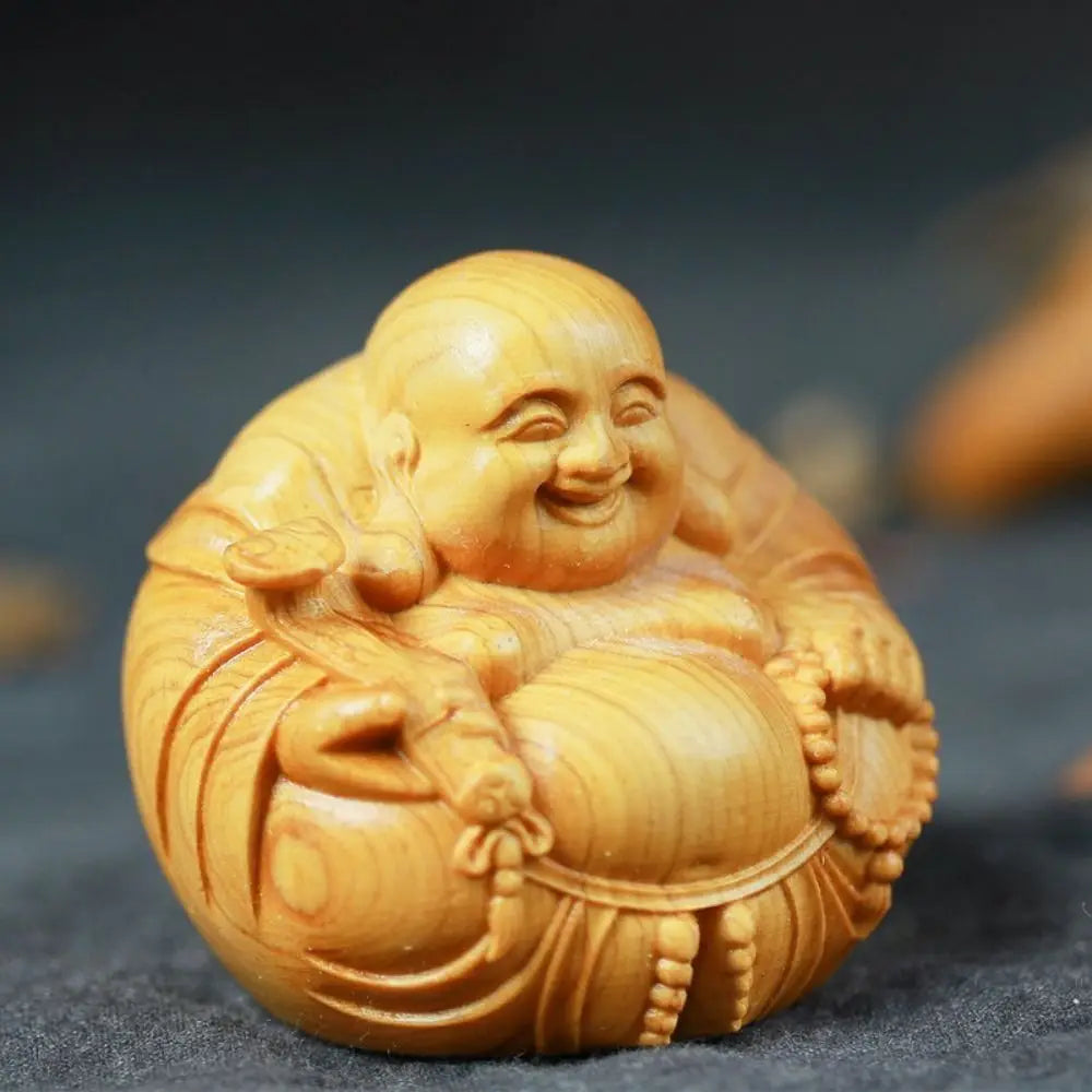 Home Decor Woodcarving Laughing Buddha Maitreya Sculpture Miniature Wooden Buddha Statue Craft Mini Handmade Statue Table Top