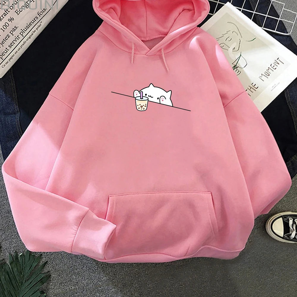 Bubble Tea Casual Pullover hoodie women Cartoon Female Hooded Clothes Plus Size Hoodies Kawaii Cat Boba Women fleece Sweatshirts - Lootquake