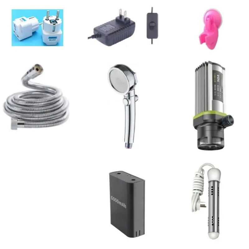 Ducha eléctrica portátil para camping, ideal para viajes, con bomba de agua de 85 W, cabezal de ducha ajustable de 3 velocidades y barra de agua caliente de 2500 W.