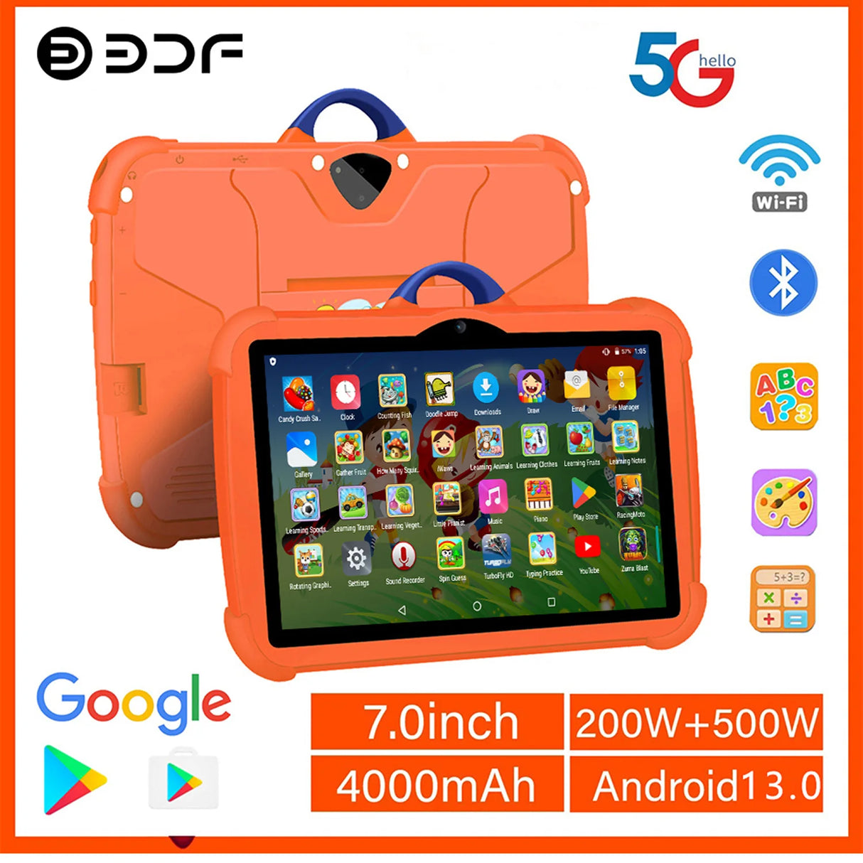 Tablette 7 pouces pour enfants, version internationale, 5G, double caméra BOW, Wi-Fi 5G, quadruple cœur, 4 Go de RAM, 64 Go de ROM, cadeaux pour enfants, 4 000 mAh
