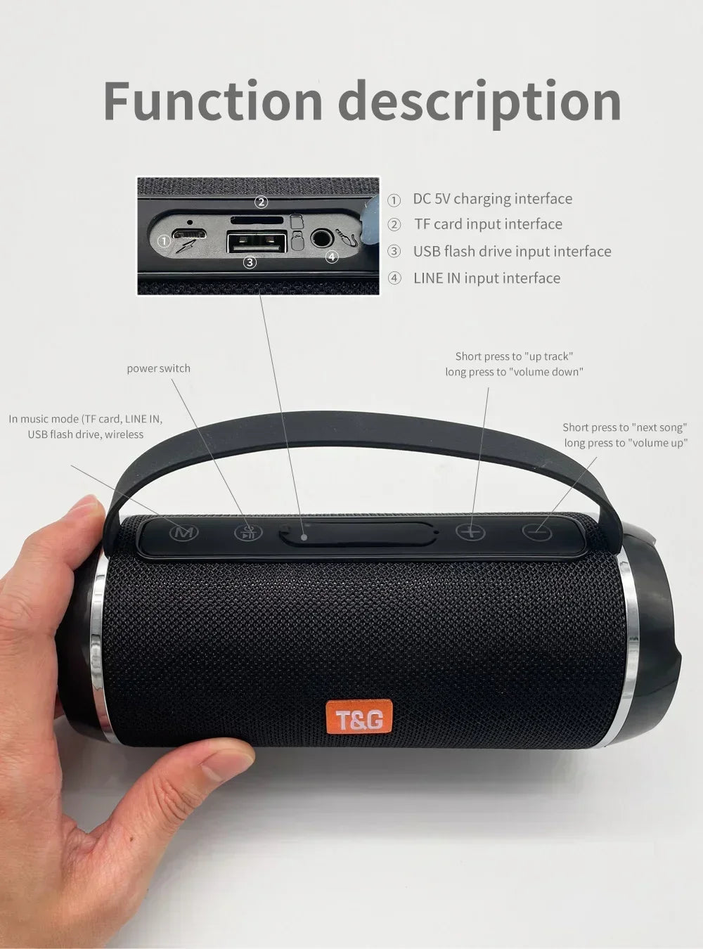 Altavoz Bluetooth T&G TG116c TWS inalámbrico, potente, portátil, para exteriores, subwoofer impermeable, sonido estéreo 3D, manos libres.