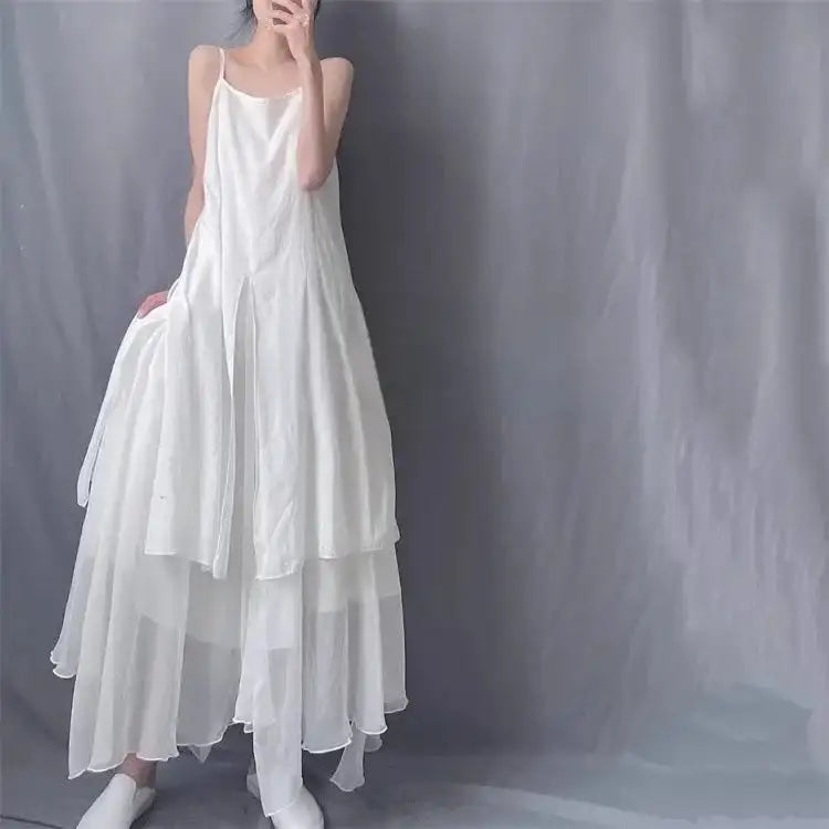 2024 Cotton Linen Women's Summer New Dress Artistic Range Medium Long Dress Sleeveless Tank Irregular Large Flounce - Lootquake