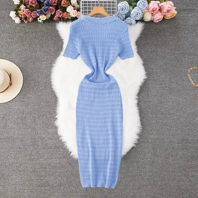 YuooMuoo 2025 New Arrival Women Knitted Long Dress Elegant V-neck Single-breasted Split Sweater Dress Office Lady Vestidos - Lootquake