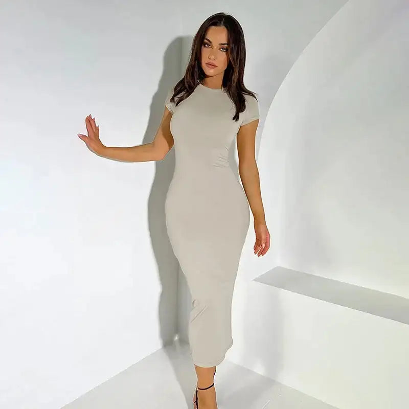 BWQ 2024 Women Solid Color Slim Short Sleeve Casual Pullover Sumer Long Dress Skinny Sexy Daily Dress - Lootquake