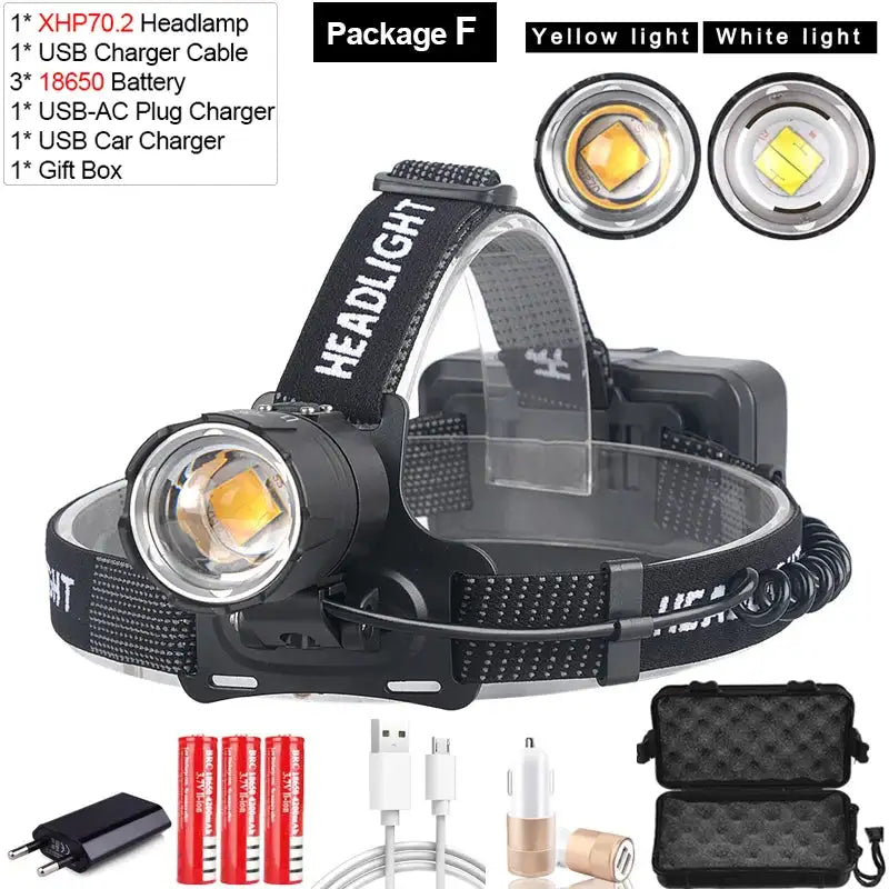 Linterna frontal LED XHP70.2 con 3 pilas 18650, linterna frontal LED amarilla o blanca más potente, ideal para pesca, camping y zoom.