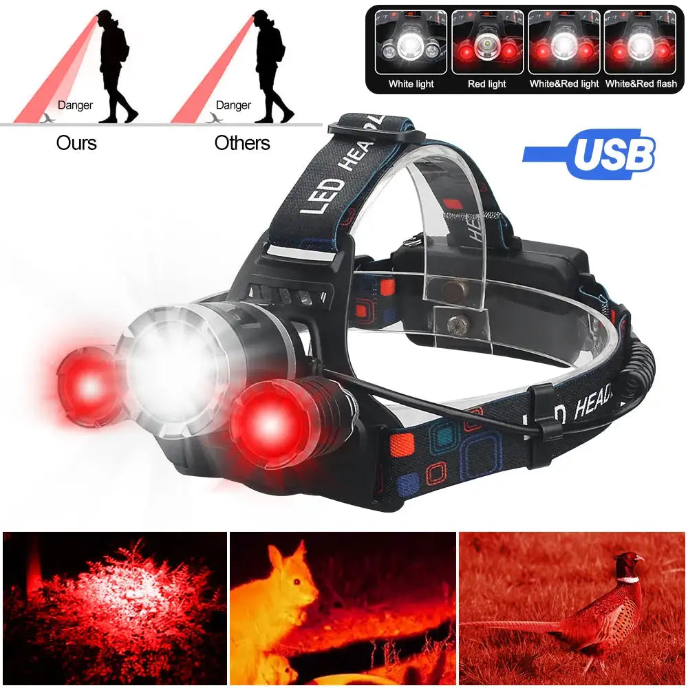 Headlamp Green/Red/UV395nm+White Dual Light Rechargeable Fixed Focus Waterproof 4Modes Headlight Hunting Camping Hiking Working - Lootquake