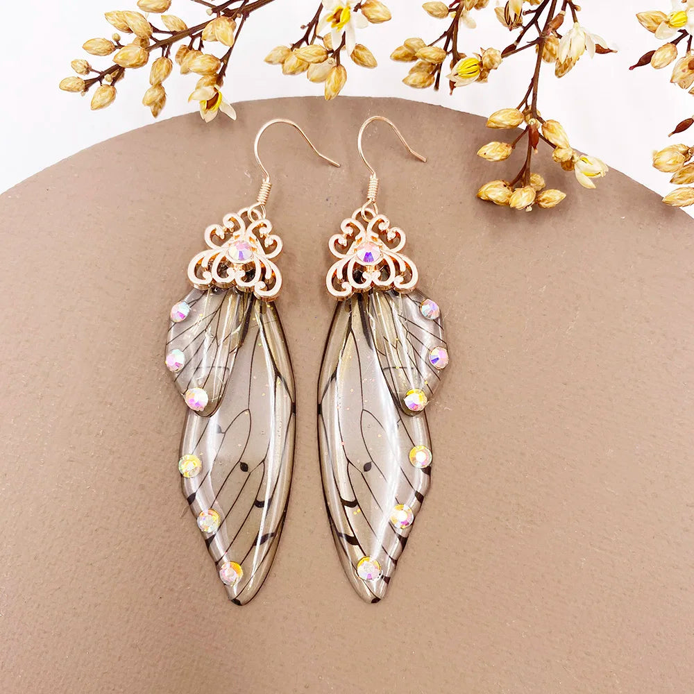 New Handmade Fairy Simulation Wing Earrings Insect Butterfly Wing Drop Earrings Foil Rhinestone Earrings Romantic Bridal Jewelry - Lootquake