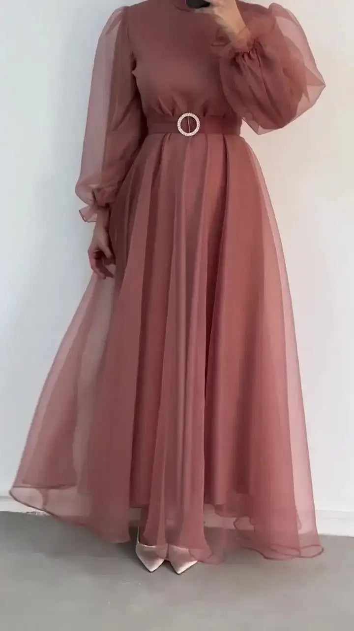 Spring Elegant Mesh Dress Muslim Women Fashion Solid High Waist Mesh Lantern Sleeves Long Dress Women - Lootquake