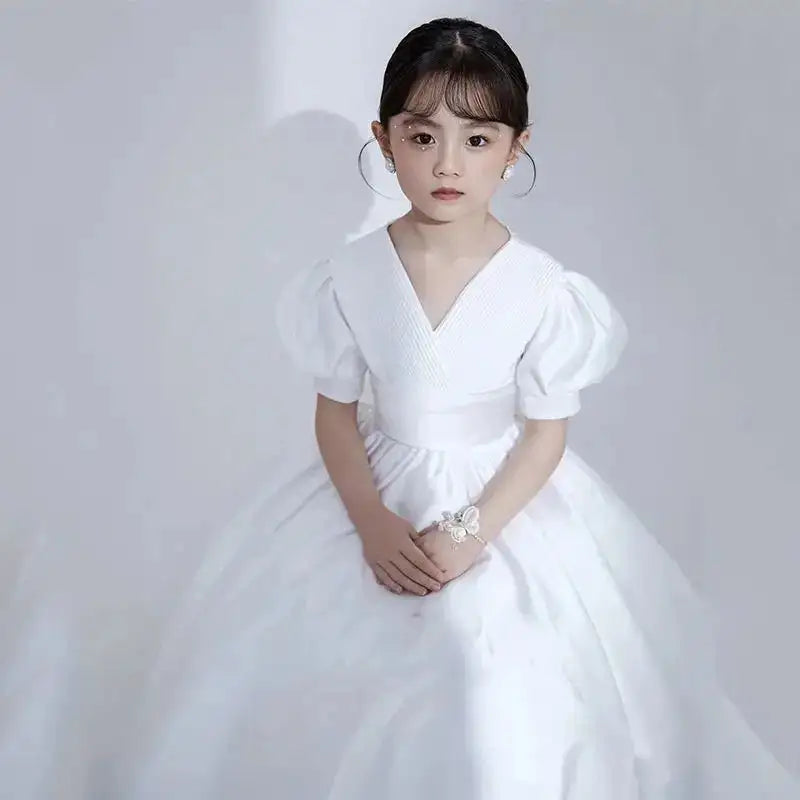 Children's Dress V-Neck White Patchwork Bow Short Sleeve Summer Clothes Fashion Girls Birthday Party Princess Long Dress 3-8year - Lootquake