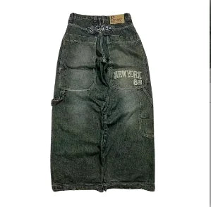 2023 New American Harajuku retro skull print straight high waist Y2K women's washed grey jeans Streetwear Gothic wide trousers - Lootquake