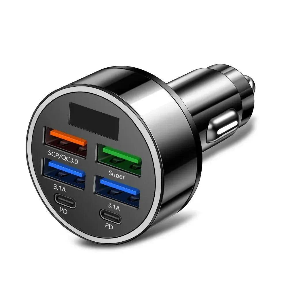 66-250W PD Car Charger QC3.0 Fast Charge with Digital Display 4USB and 2PD Ports for Car Cigarette Lighter Plug