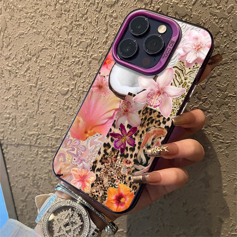 Funda rígida para teléfono con estampado de leopardo, estrellas y flores, chapada en mate