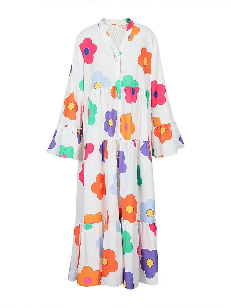 Plus Size New for Summer 2024 Women's Long Sleeve Floral Dress V-Neck Button Long Dress Long Sleeve Button Down Dress - Lootquake