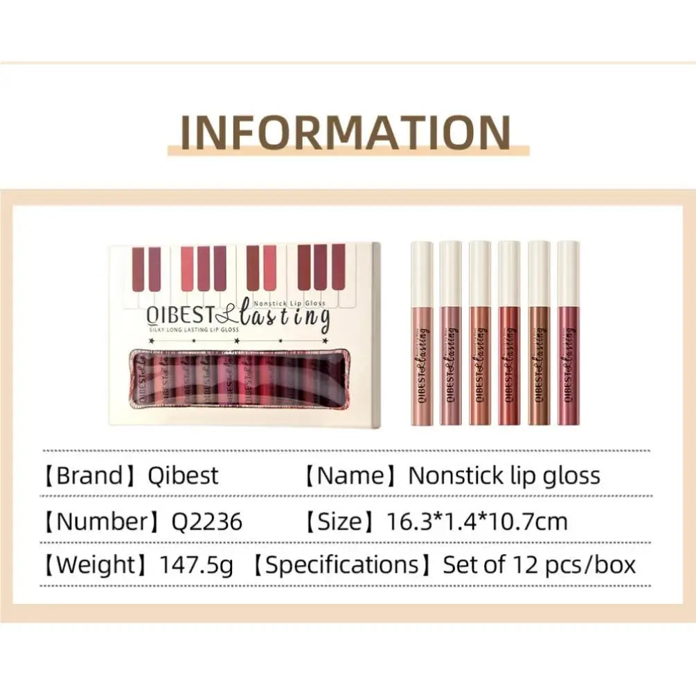 Coffret de gloss mat de luxe, 12 teintes waterproof, non collant, longue tenue, pour un maquillage de fête quotidien