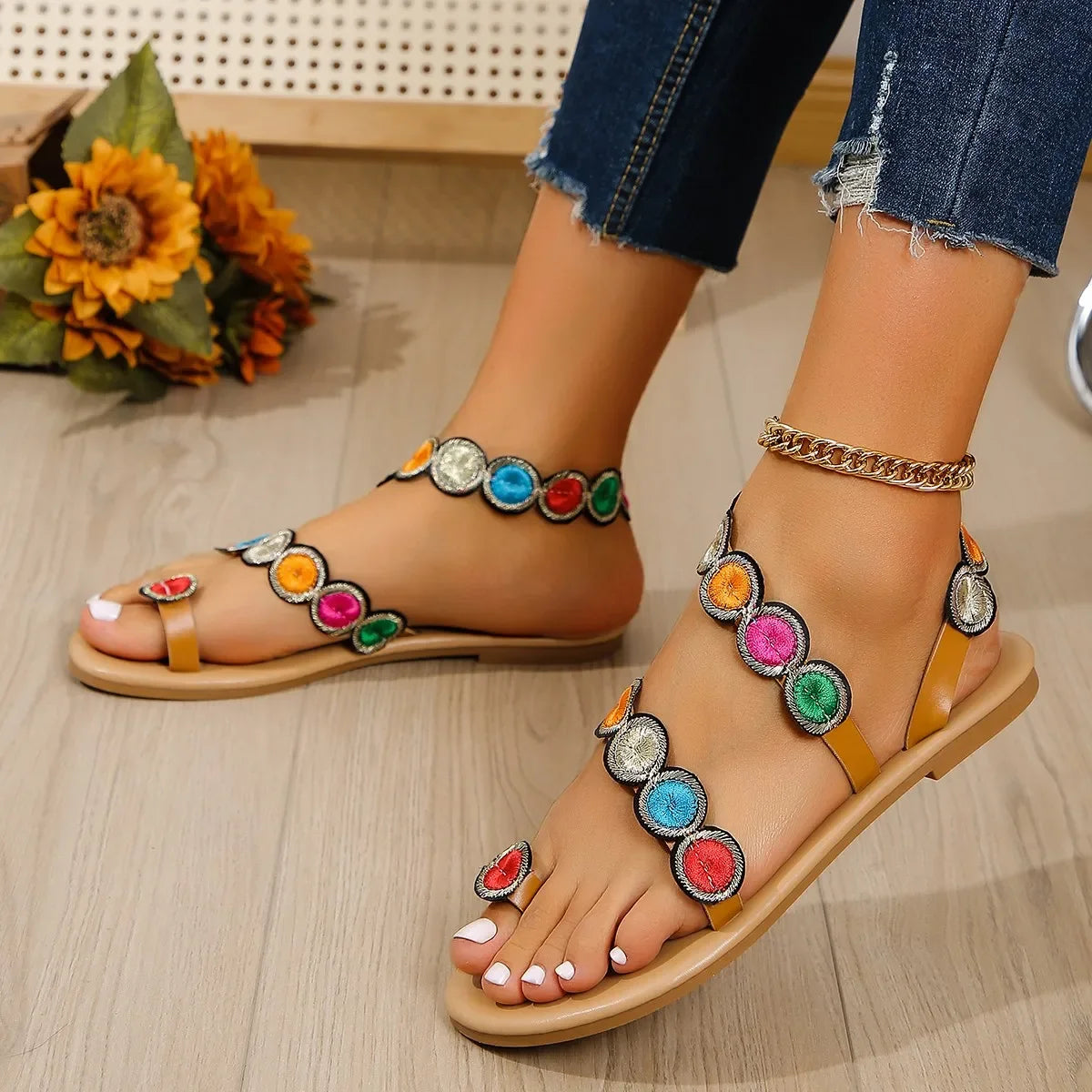Yellow Embroidered Faux Flower Fashion Sandals Flat Plus Size 43 Summer Outdoor Beach Shoes Travel Mom Shoes - Lootquake