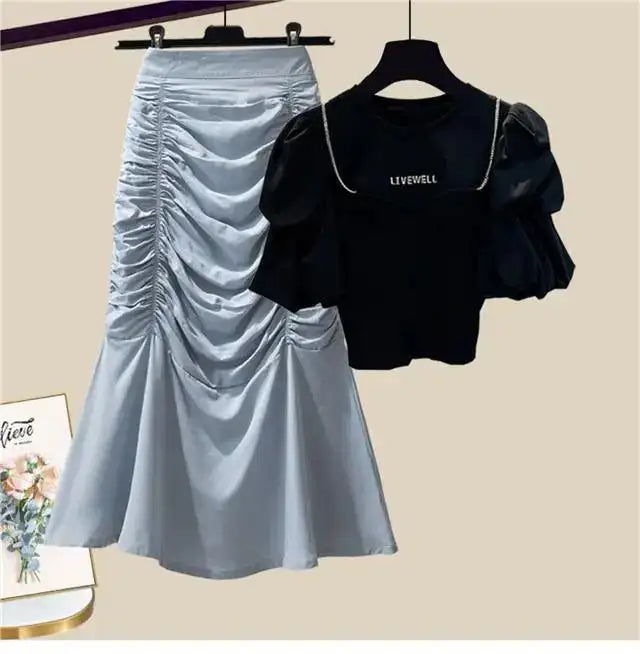 Spring/Summer Set Women's New Korean Edition Sweet and Spicy Bubble Sleeve Spliced Top Age Reducing Half Skirt Two Piece Set - Lootquake