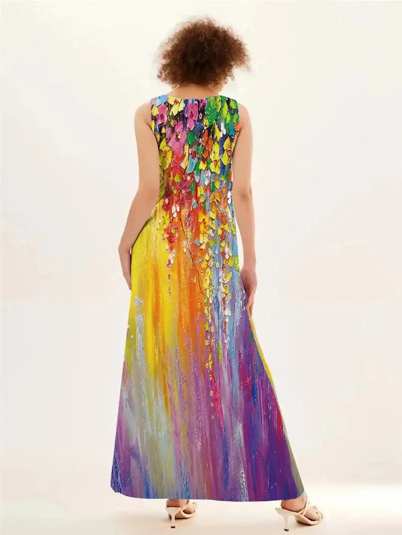 Rainbow Gradient Print Elegant Women's Dress 2024 Summer Sexy Sleeveless V-neck Evening Long Dress Women Casual Party Maxi Dress - Lootquake