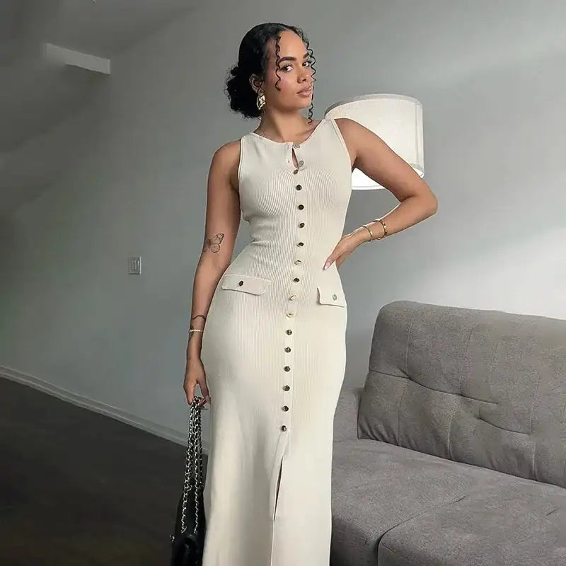 Fashion Knitted Long Dress For Women Elegant Sleeveless Button Maxi Sweater Bodycon Dresses Female Party Fashion Vestidos 2024 N - Lootquake
