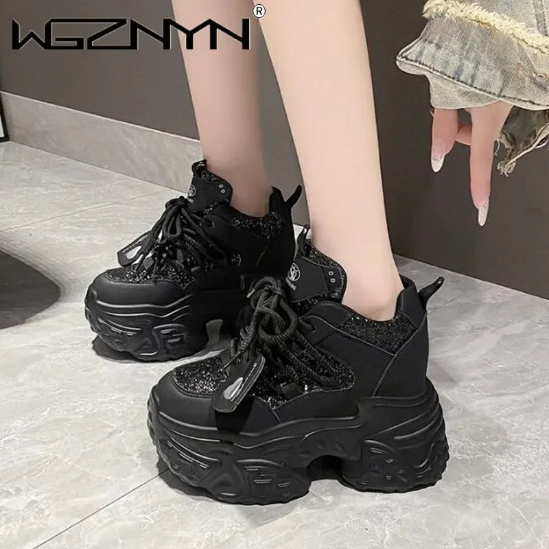 10.5CM Women Casual Platform Sneakers High Heels New Autumn Sports Leather Shoes Bling Trainers Chunky Sneaker Zapatos Mujer - Lootquake