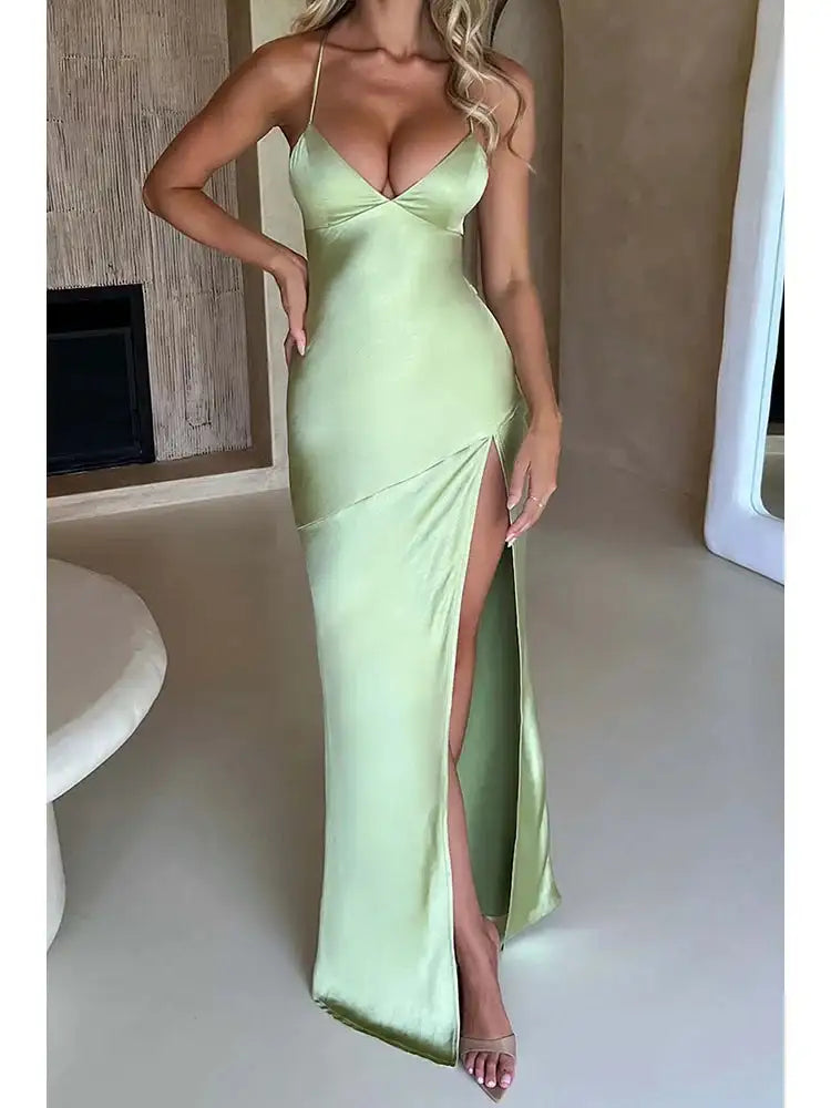 Fashion Sexy Satin Backless Camis Dress Spaghetti Strap Split Hem Silk Y2K Bodycon Casual Lace-up Summer Evening Long Dress 2024 - Lootquake