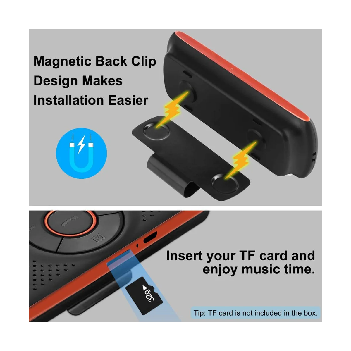 Altavoz Bluetooth para coche, manos libres, reproductor de música inalámbrico con clip para visera.