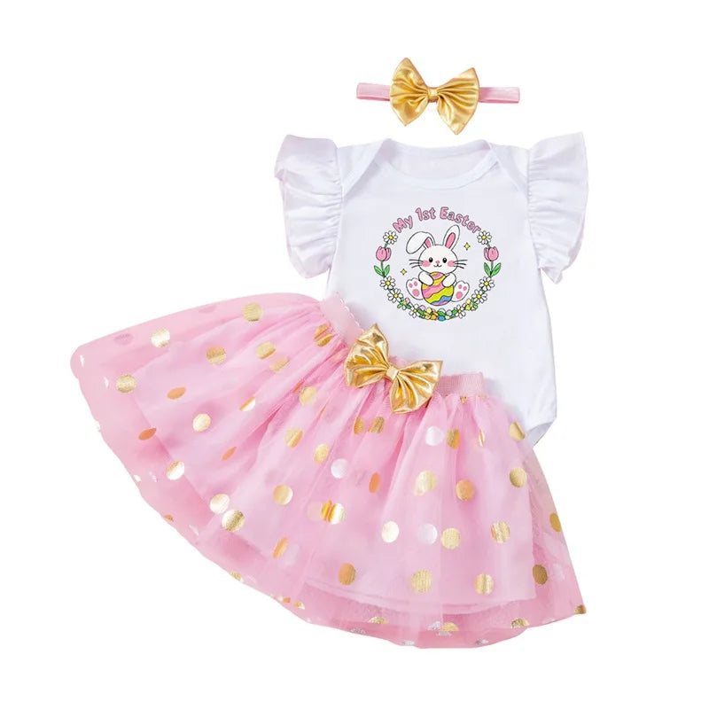 Toddler Girls Spring Floral Print Ruffle Sleeve Romper with Matching Bow Headband and Tulle Skirt - Easter Outfit - Lootquake