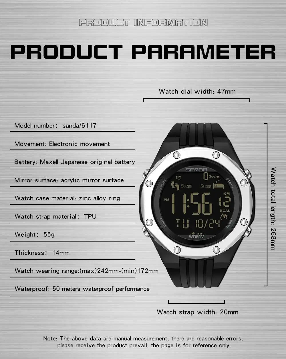 SANDA 6117 New 2023 Step Calorimeter Single Display Electronic Watch Simple Nightlight Waterproof Sports Electronic Watch - Lootquake