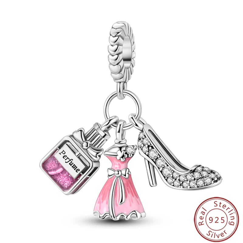 Ensemble de trois breloques en argent sterling S925, perles de 3 mm, motif princesse, golf, hamster, appareil photo, voyage, fabrication de bijoux fins