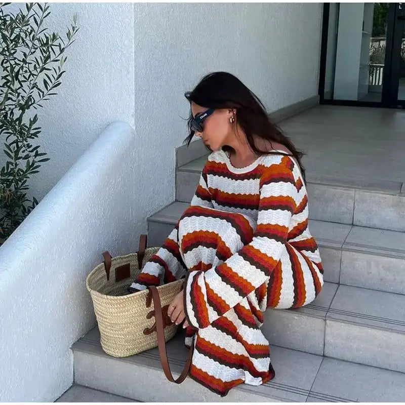 Striped Knitted Long Dress Women O-neck Backless Hollowed Out Long Sleeves Lady Bodycon Dress 2024 Spring Summer Vacation Robe - Lootquake