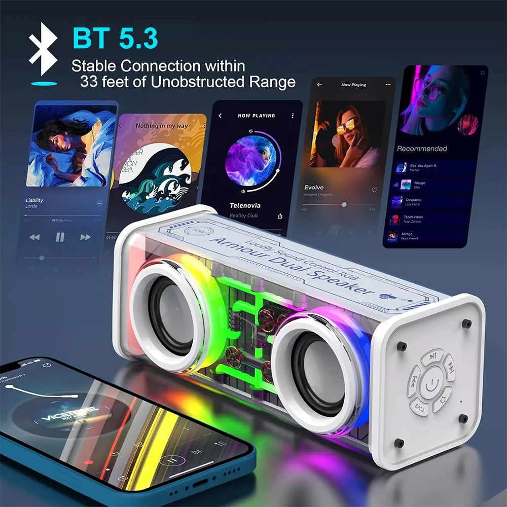 Altavoces duales Bluetooth 5.0 inalámbricos RGB1800mAh Altavoces mecánicos transparentes Efecto de luz Altavoz Subwoofer de graves Mini altavoz