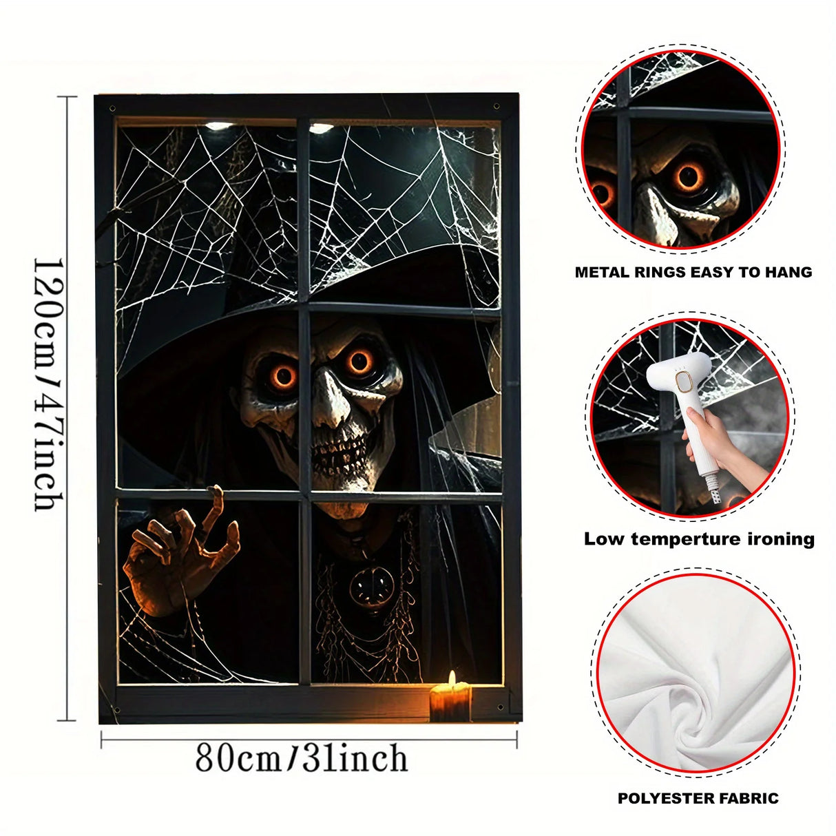 Décoration d'Halloween, 1 pièce, bannière de fenêtre en polyester avec des motifs terrifiants et fantastiques, thème de sorcière maléfique