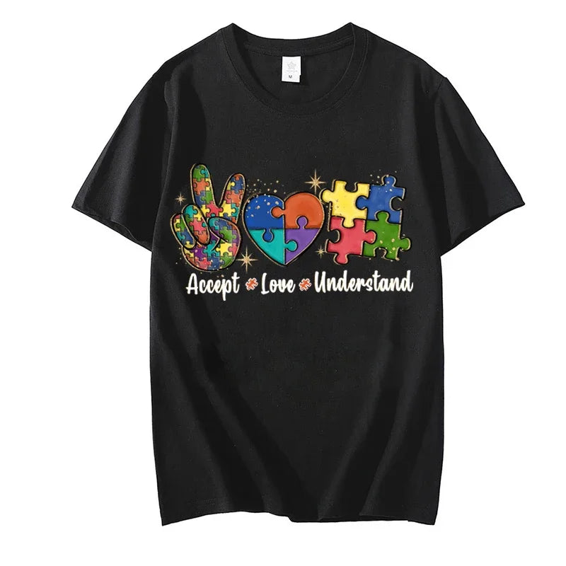 Accept Love and Understand T-shirt Autism Awareness T Shirts Color Puzzle Block Kids Women's Tees Harajuku Streetwear Y2k Tops - Lootquake