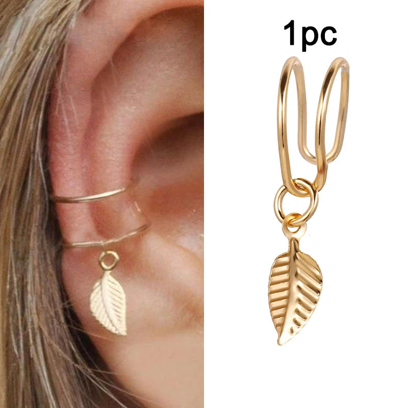 LATS Gold Color Leaves Ear Cuffs, Black Non-Piercing Ear Clip Earrings for Women & Men - Lootquake