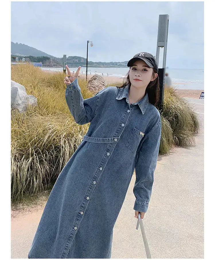 Denim Long Dress 2024 New Fashion Spring Autumn Korean Sweet Cargo LOOSE FIT Full Sleeve Girls Dress All-match - Lootquake