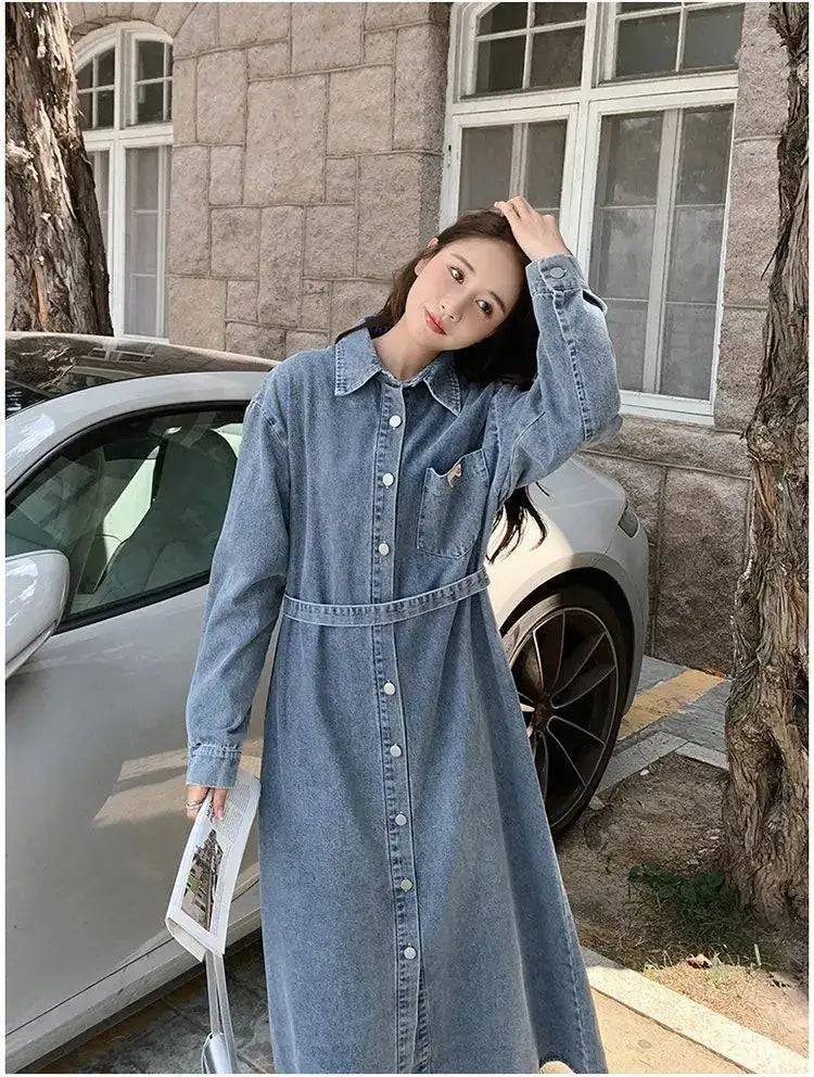Denim Long Dress 2024 New Fashion Spring Autumn Korean Sweet Cargo LOOSE FIT Full Sleeve Girls Dress All-match - Lootquake