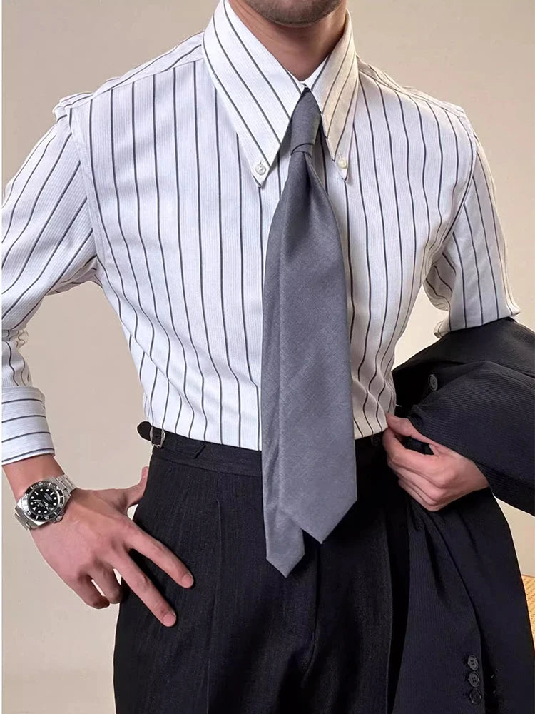 Vintage Striped Printed Slim Shirts Mens Casual Long Sleeve Lapel Buttoned Shirt 2025 Spring Fall Mens Shirt Naple Style Clothes