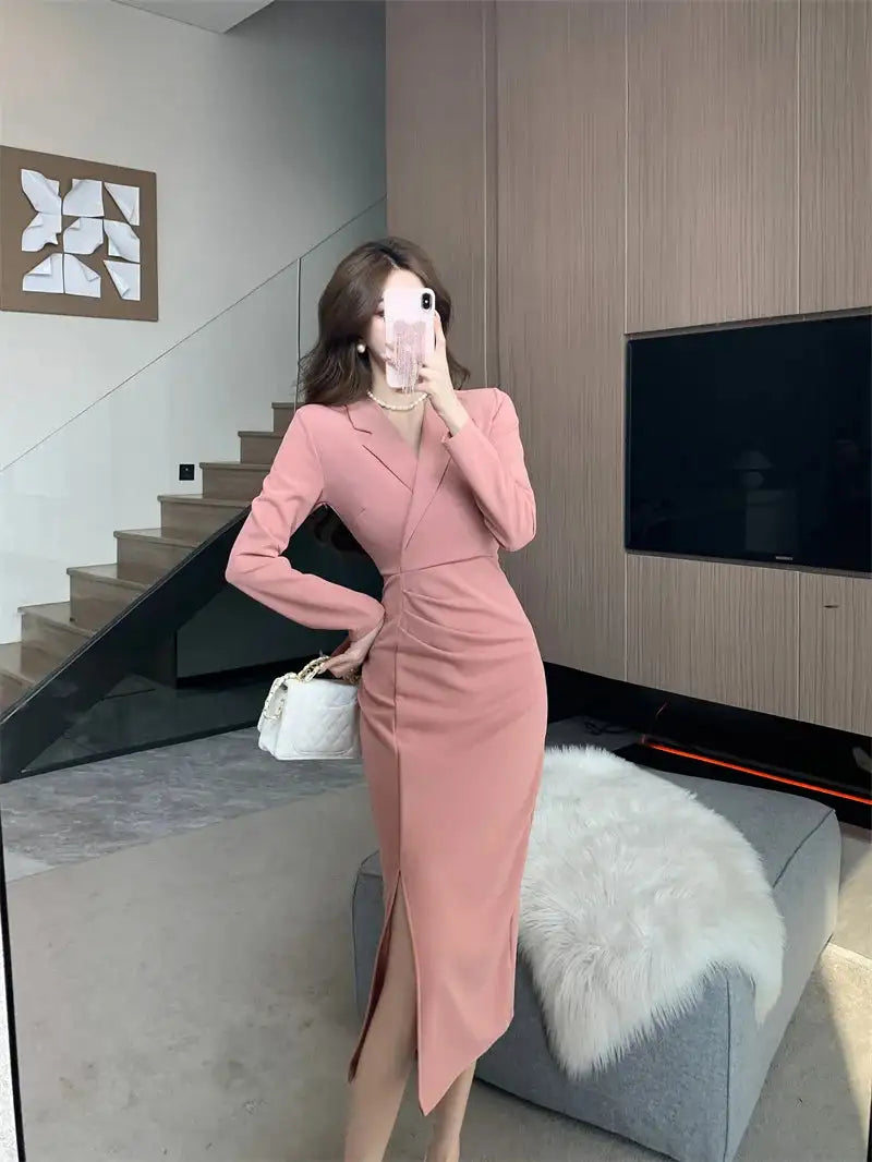 Women Pink Pleated Bodycon Formal Long Dress Autumn Winter Long Sleeve Chic Suit Dress 2025 Korean Fashion Elegant Party Dresses - Lootquake