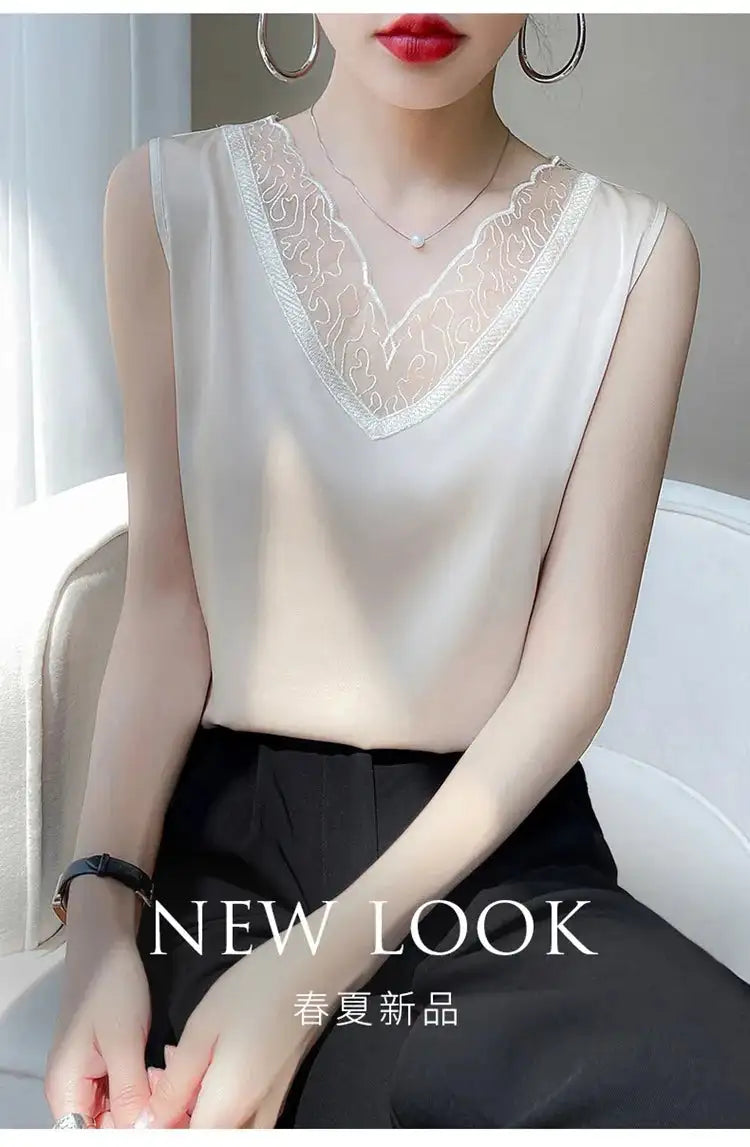new woman clothing vest camis Tank top women's suit bottom lace lining 2024 summer new silk satin sleeveless top suspender vests - Lootquake