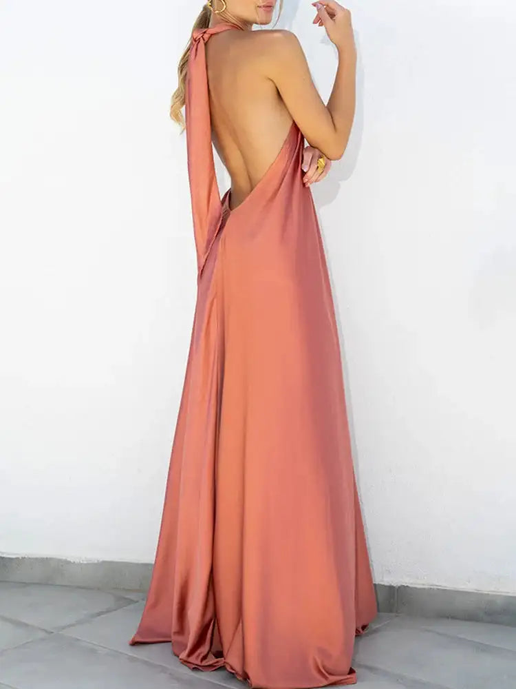 Elegant Women Solid Maxi Beach Dress Sexy Halter Neck Backless Lady Party Dress 2025 Summer Sleeveless Loose Long Dress Vestidos - Lootquake