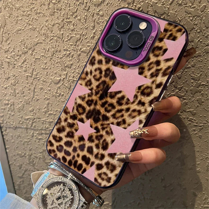 Funda rígida para teléfono con estampado de leopardo, estrellas y flores, chapada en mate