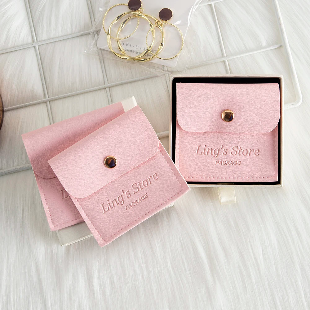 50/100Pcs Custom Logo 8x8cm PU Leather Jewelry Snap Bag Gold Button Pouches Ring Earring Necklace Wedding Favors Gift Organizer - Lootquake