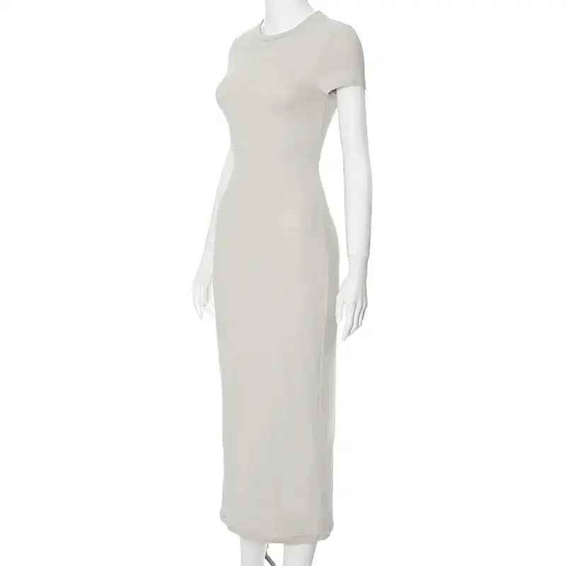 BWQ 2024 Women Solid Color Slim Short Sleeve Casual Pullover Sumer Long Dress Skinny Sexy Daily Dress - Lootquake