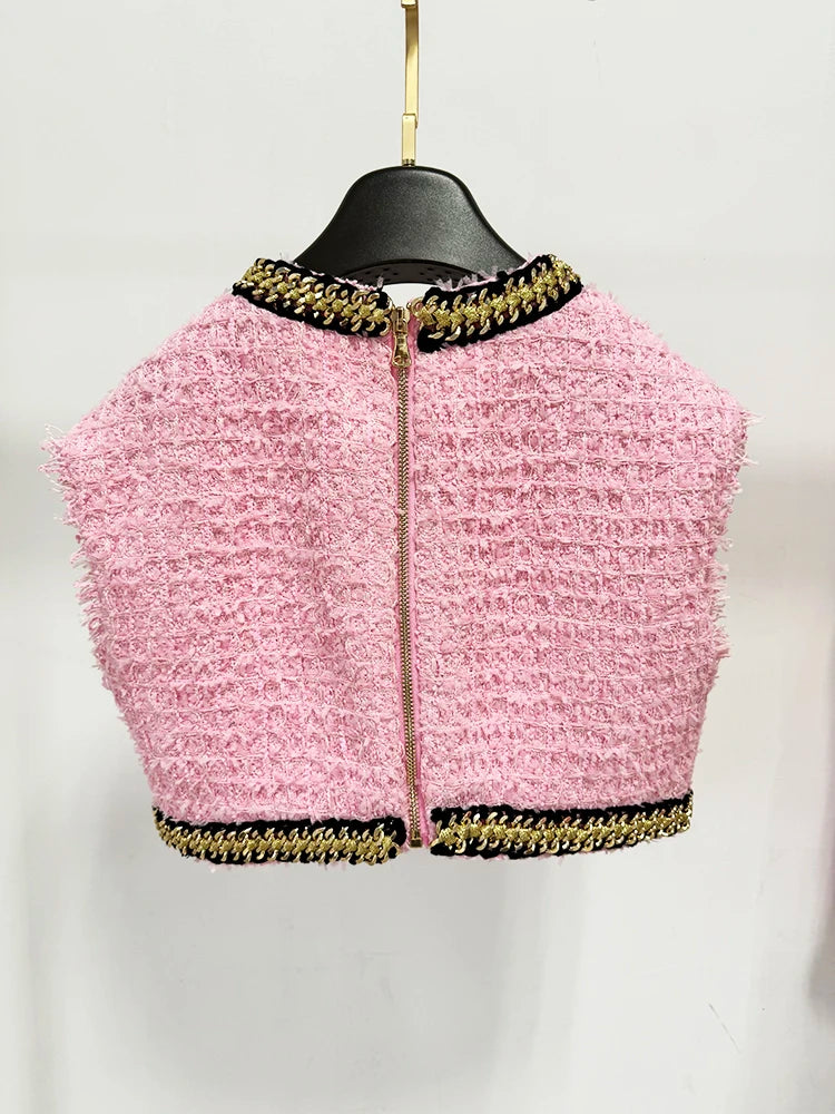 HIGH STREET Newest 2024 Runway Designer Fashion Women's Sleeveless Metal Chains Embellished Tweed Vest Cropped Tank Top - Lootquake