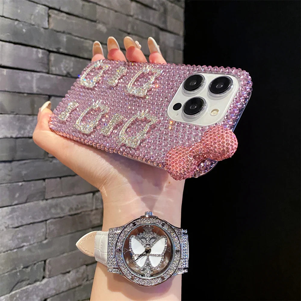 Funda para teléfono con lazo rosa y cara de Hello Kitty con purpurina de diamante